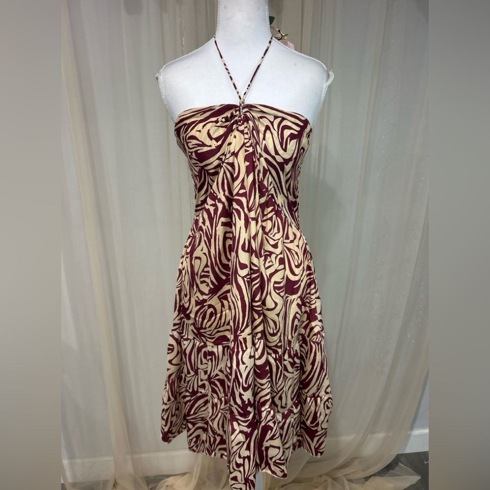 NWT White Waves Halter Mini Dress Smocked Back Burgundy Cream